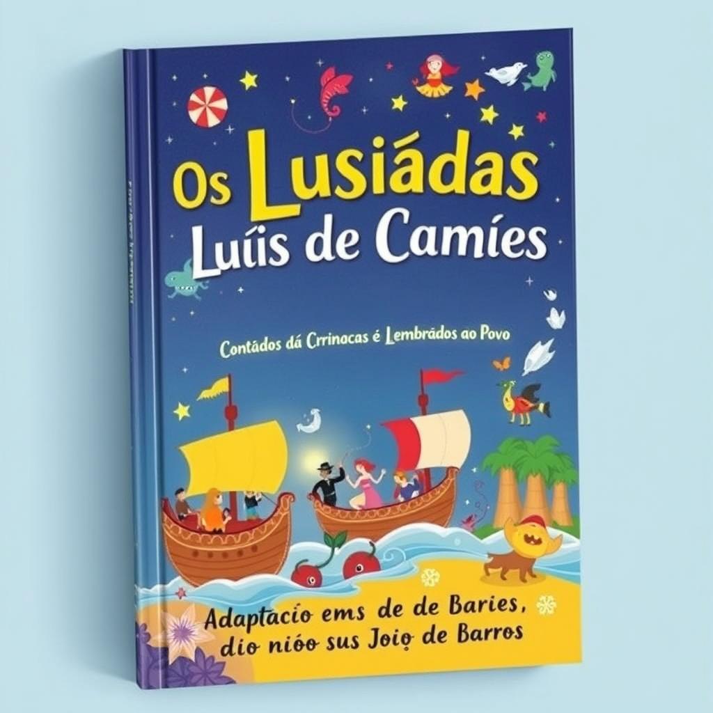 A captivating and imaginative book cover design for "Os Lusíadas de Luís de Camões Contados às Crianças e Lembrados ao Povo"