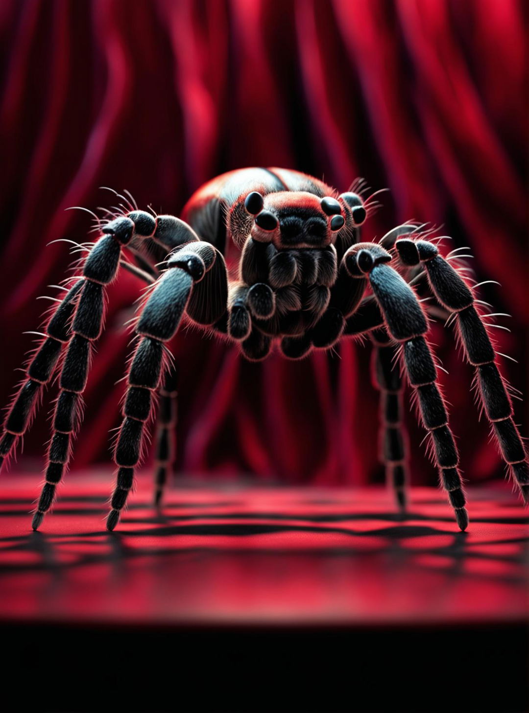 This high-quality digital art piece humorously depicts a black tarantula, each of its eight legs ending in a vibrant red-bottom stiletto