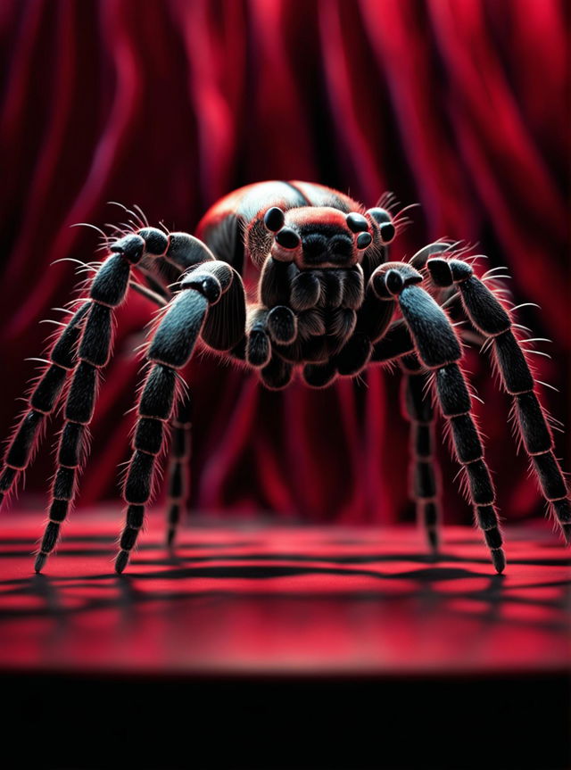 This high-quality digital art piece humorously depicts a black tarantula, each of its eight legs ending in a vibrant red-bottom stiletto