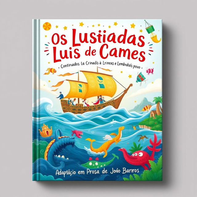 A captivating and imaginative book cover design for "Os Lusíadas de Luís de Camões Contados às Crianças e Lembrados ao Povo"