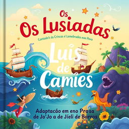A captivating and imaginative book cover design for "Os Lusíadas de Luís de Camões Contados às Crianças e Lembrados ao Povo"