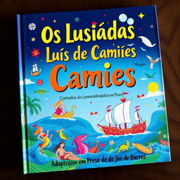 A captivating and imaginative book cover design for "Os Lusíadas de Luís de Camões Contados às Crianças e Lembrados ao Povo"