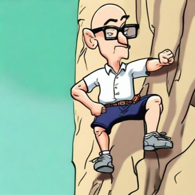 A high-quality digital art caricature of a bald nerd, with exaggerated features, is depicted in the act of rock climbing