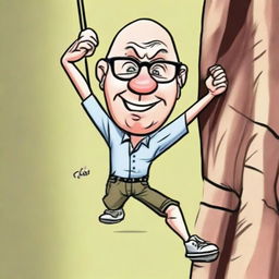 A high-quality digital art caricature of a bald nerd, with exaggerated features, is depicted in the act of rock climbing