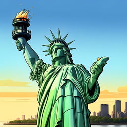 Generate a cartoon version of the Statue of Liberty in New York City.