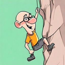 A high-quality digital art caricature of a bald nerd, with exaggerated features, is depicted in the act of rock climbing