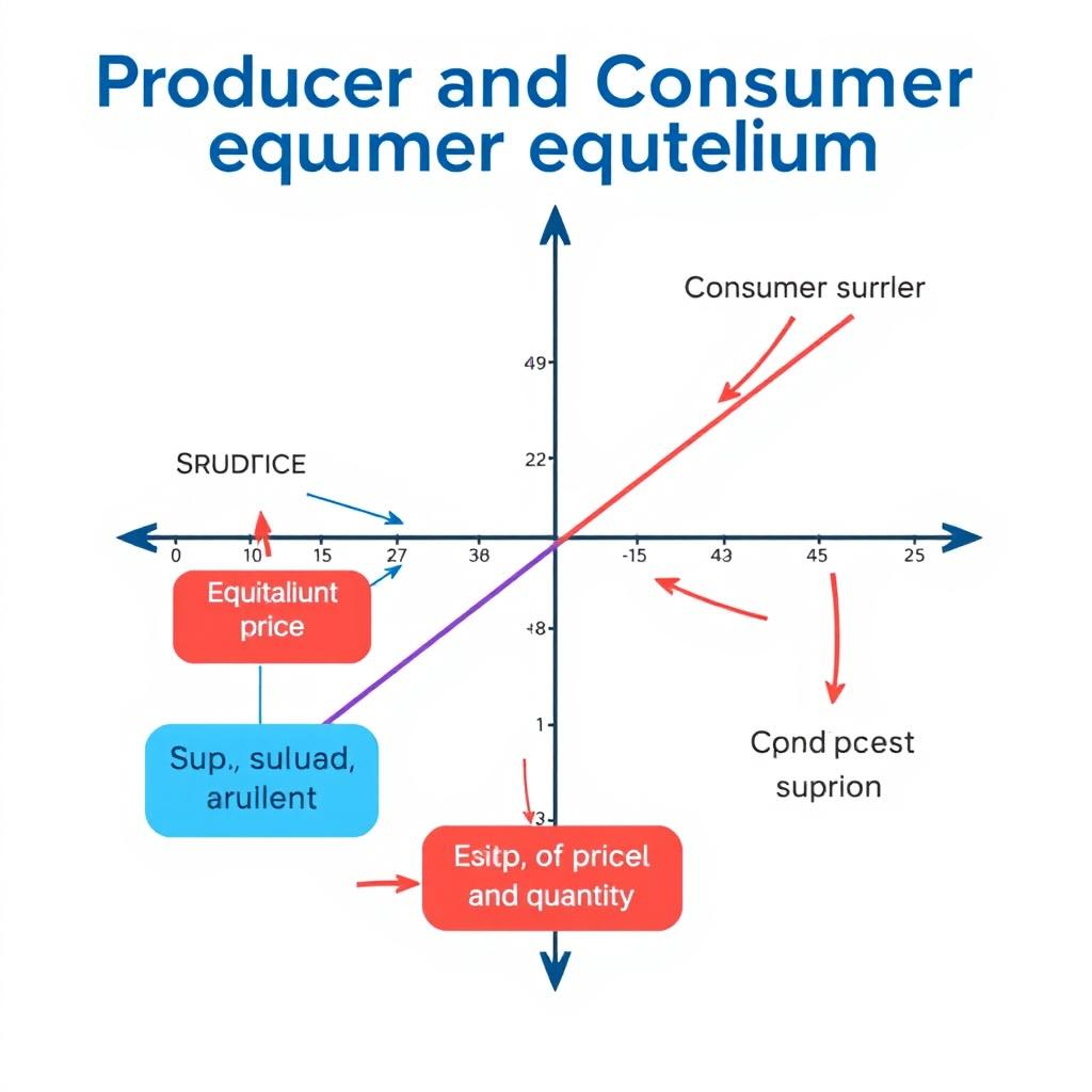 An educational infographic illustrating the concept of producer and consumer equilibrium in economics