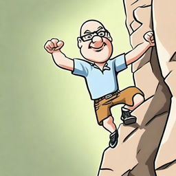 A high-quality digital art caricature of a bald nerd, with exaggerated features, is depicted in the act of rock climbing