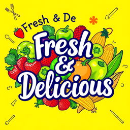 A vibrant and eye-catching poster for a food store, featuring a colorful assortment of fresh fruits and vegetables like ripe strawberries, green bell peppers, and golden corn