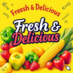A vibrant and eye-catching poster for a food store, featuring a colorful assortment of fresh fruits and vegetables like ripe strawberries, green bell peppers, and golden corn
