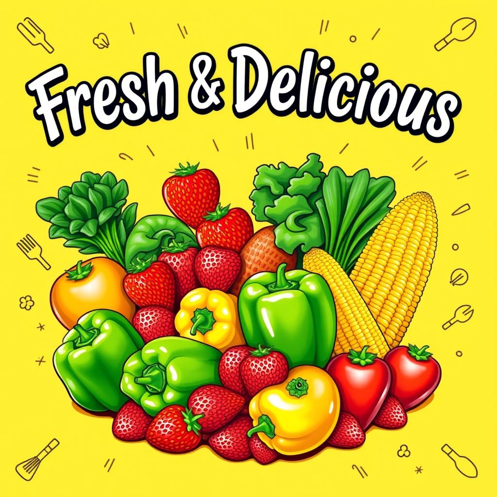 A vibrant and eye-catching poster for a food store, featuring a colorful assortment of fresh fruits and vegetables like ripe strawberries, green bell peppers, and golden corn