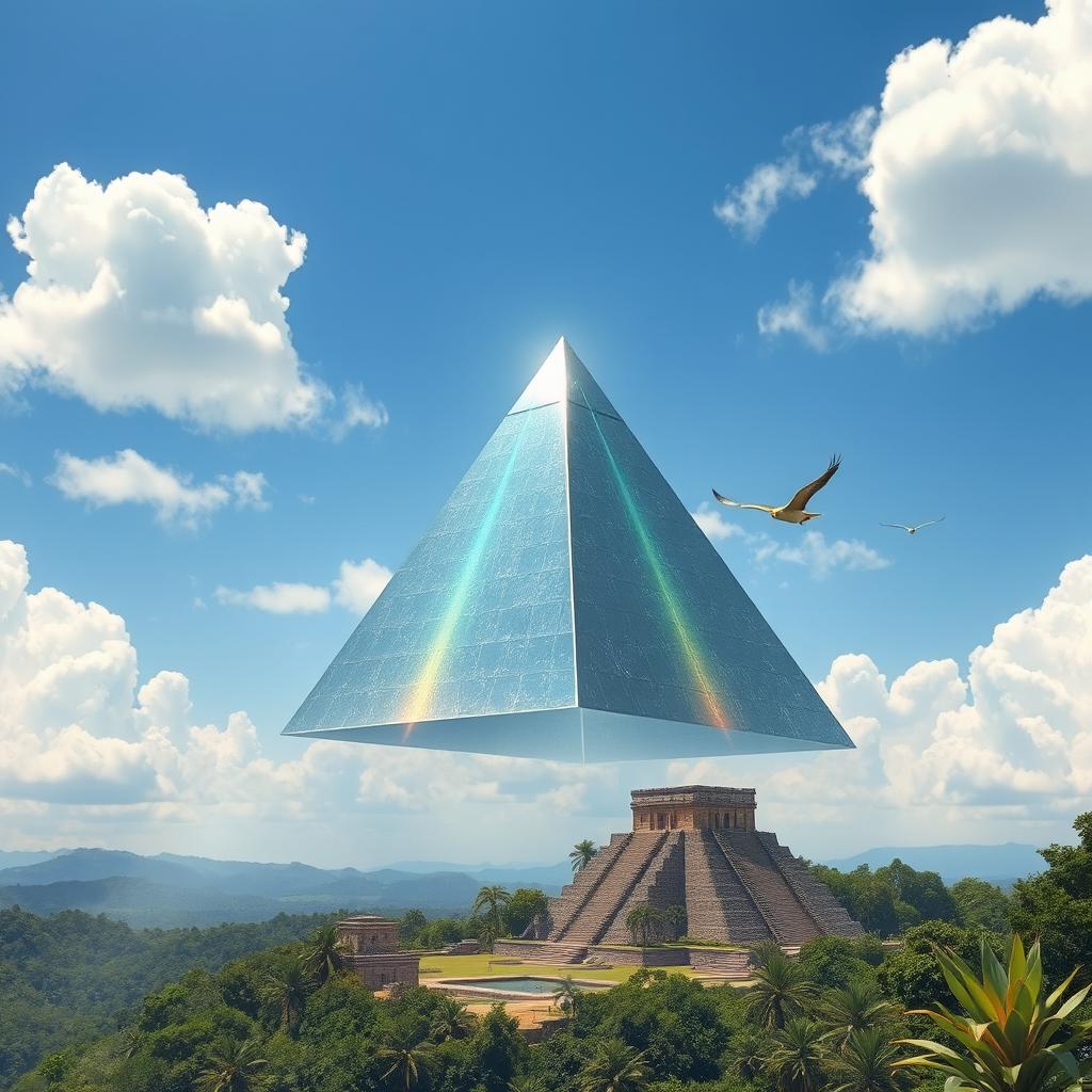 A mystical flying pyramid soaring high in a clear blue sky, surrounded by fluffy white clouds