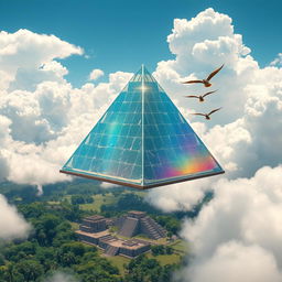 A mystical flying pyramid soaring high in a clear blue sky, surrounded by fluffy white clouds
