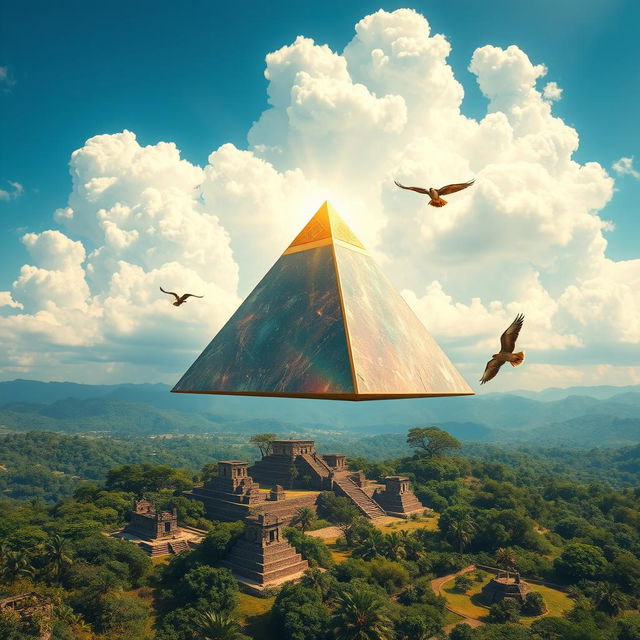 A mystical flying pyramid soaring high in a clear blue sky, surrounded by fluffy white clouds