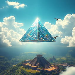 A mystical flying pyramid soaring high in a clear blue sky, surrounded by fluffy white clouds