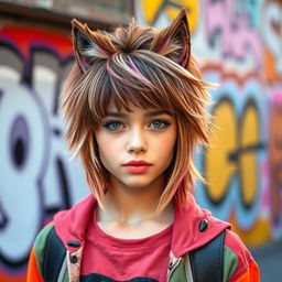 A stylish young woman with a striking wolf cut hairstyle, characterized by choppy layers and textured bangs that frame her face