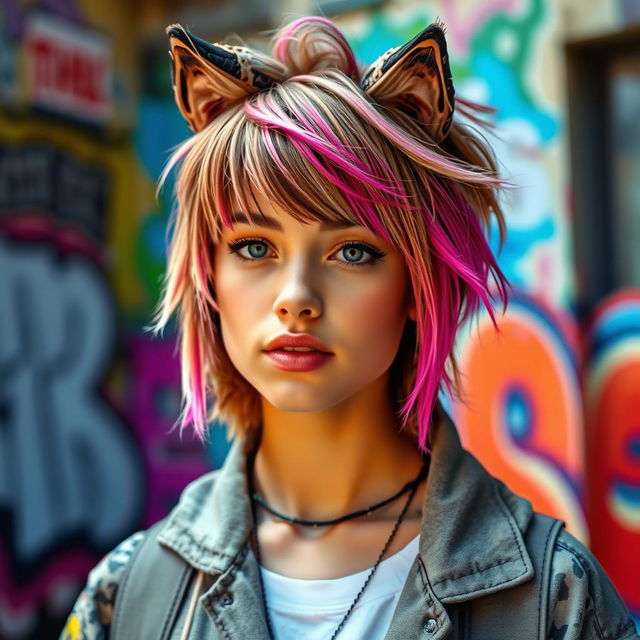 A stylish young woman with a striking wolf cut hairstyle, characterized by choppy layers and textured bangs that frame her face