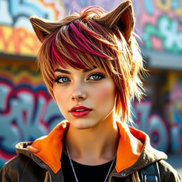 A stylish young woman with a striking wolf cut hairstyle, characterized by choppy layers and textured bangs that frame her face