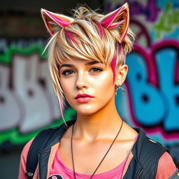 A stylish young woman with a striking wolf cut hairstyle, characterized by choppy layers and textured bangs that frame her face