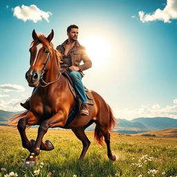A strong, muscular man riding a majestic brown horse through a sunlit countryside landscape