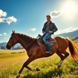 A strong, muscular man riding a majestic brown horse through a sunlit countryside landscape