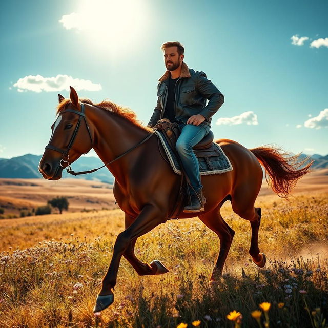 A strong, muscular man riding a majestic brown horse through a sunlit countryside landscape