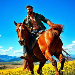 A strong, muscular man riding a majestic brown horse through a sunlit countryside landscape