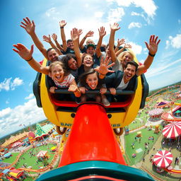 A thrilling scene capturing a rollercoaster at the peak of its ascent, filled with excited people enjoying the ride