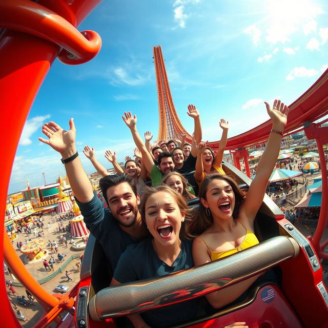 A thrilling scene capturing a rollercoaster at the peak of its ascent, filled with excited people enjoying the ride