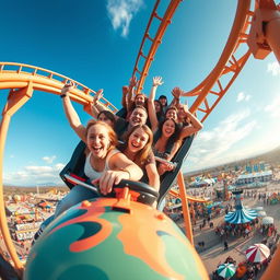 A thrilling scene capturing a rollercoaster at the peak of its ascent, filled with excited people enjoying the ride