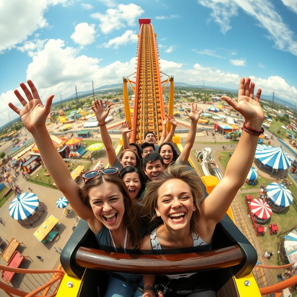 A thrilling scene capturing a rollercoaster at the peak of its ascent, filled with excited people enjoying the ride