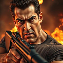 A very intense and dramatic close-up of an angry male actor resembling Salman Khan, gripping a large gun firmly in one hand