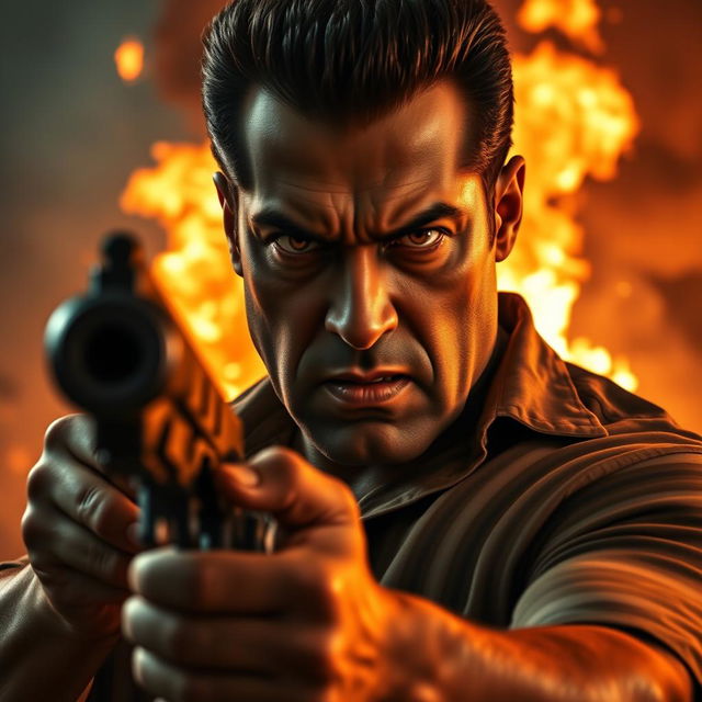 A very intense and dramatic close-up of an angry male actor resembling Salman Khan, gripping a large gun firmly in one hand