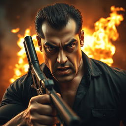 A very intense and dramatic close-up of an angry male actor resembling Salman Khan, gripping a large gun firmly in one hand