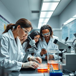 A team of diverse medical professionals, including a Caucasian woman and an African American man, focused intently on analyzing biological samples in a modern laboratory