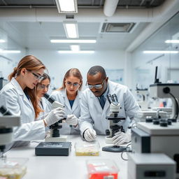 A team of diverse medical professionals, including a Caucasian woman and an African American man, focused intently on analyzing biological samples in a modern laboratory