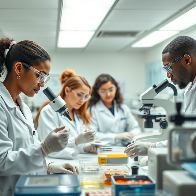 A team of diverse medical professionals, including a Caucasian woman and an African American man, focused intently on analyzing biological samples in a modern laboratory