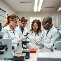 A team of diverse medical professionals, including a Caucasian woman and an African American man, focused intently on analyzing biological samples in a modern laboratory