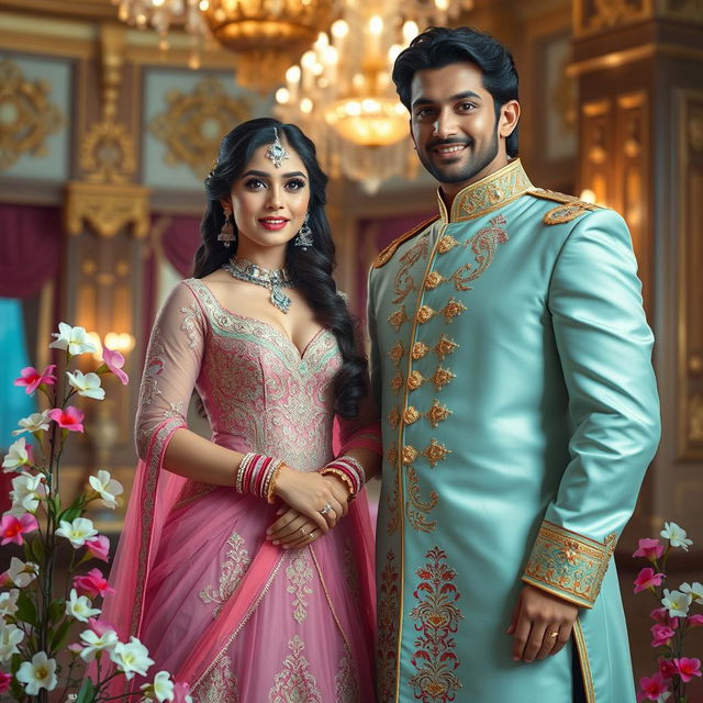 A beautiful Shahzadi (princess) in an elegant gown adorned with intricate embroidery, standing gracefully beside a charismatic Admi (man) dressed in royal attire