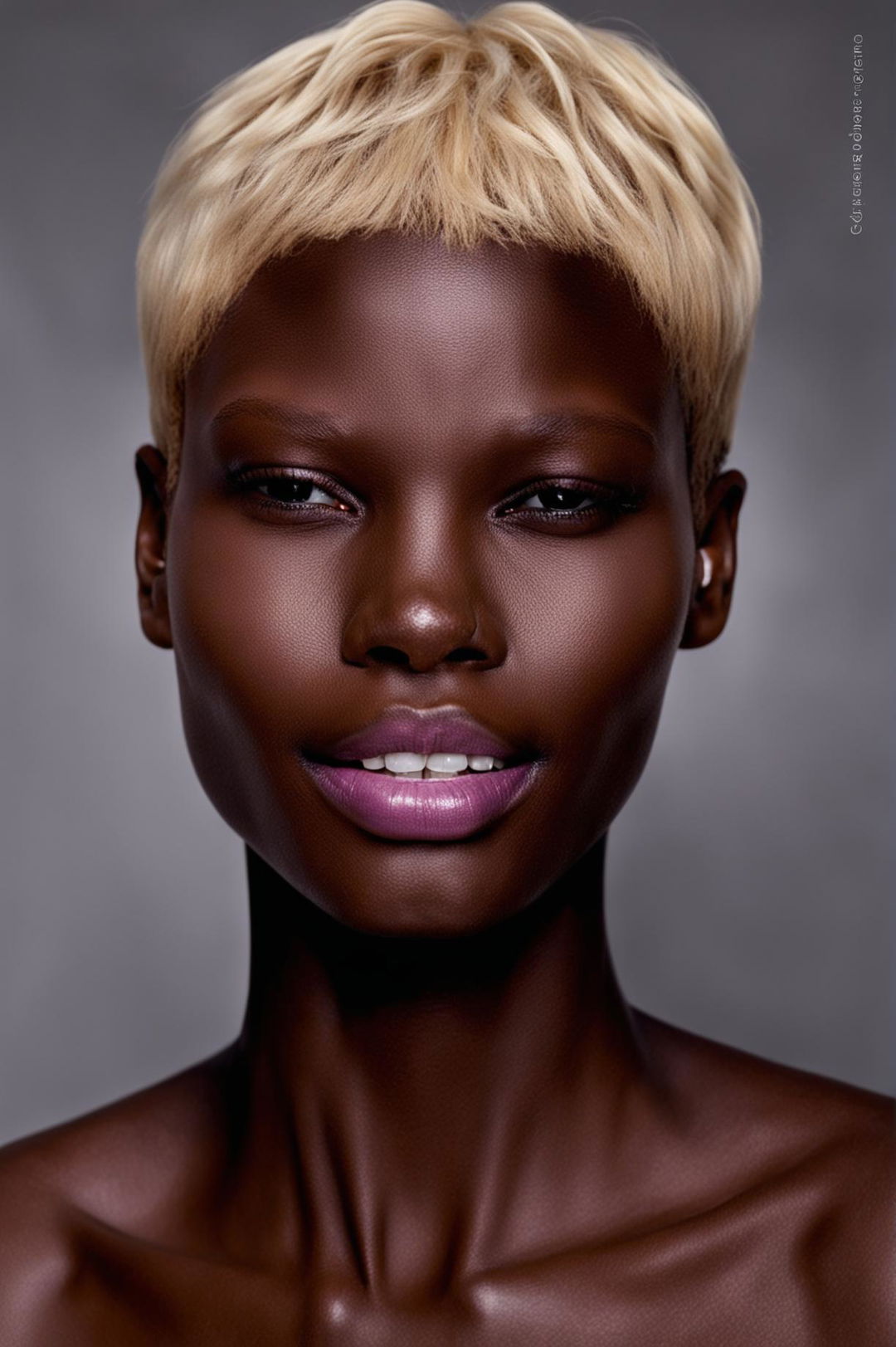 A 32k HD portrait, shot with a 200mm lens, showcases an extraordinarily beautiful African supermodel with a short blonde hairstyle