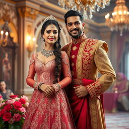 A beautiful Shahzadi (princess) in an elegant gown adorned with intricate embroidery, standing gracefully beside a charismatic Admi (man) dressed in royal attire