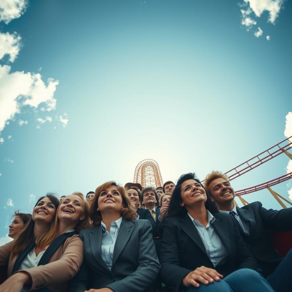 An exhilarating scene capturing a rollercoaster brimming with modestly dressed people, with the camera positioned directly above their heads, simulating their perspective as they gaze up at the sky