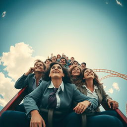 An exhilarating scene capturing a rollercoaster brimming with modestly dressed people, with the camera positioned directly above their heads, simulating their perspective as they gaze up at the sky