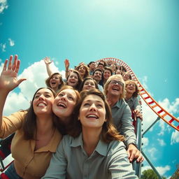 An exhilarating scene capturing a rollercoaster brimming with modestly dressed people, with the camera positioned directly above their heads, simulating their perspective as they gaze up at the sky