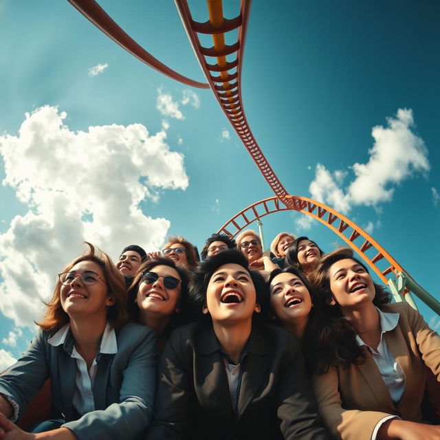 An exhilarating scene capturing a rollercoaster brimming with modestly dressed people, with the camera positioned directly above their heads, simulating their perspective as they gaze up at the sky