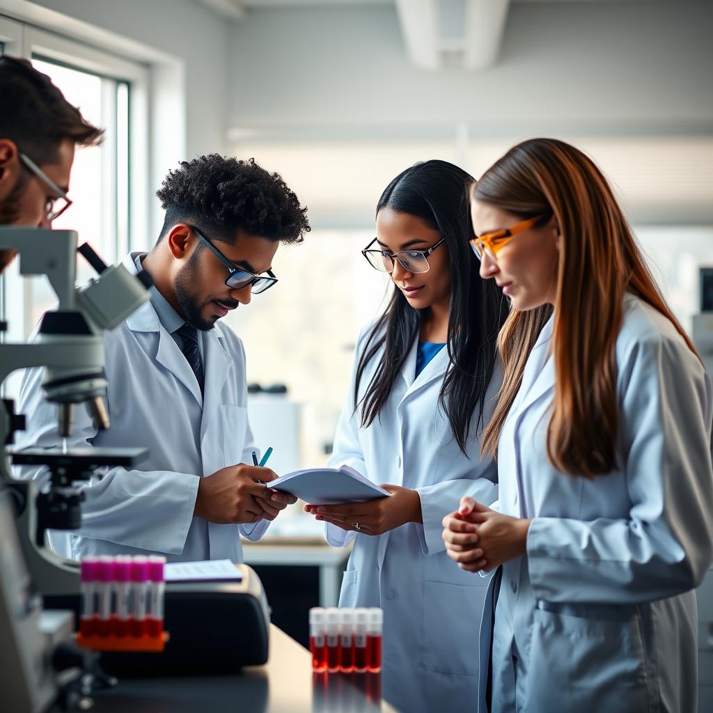 A group of diverse, professional doctors in a modern laboratory setting, carefully analyzing blood samples