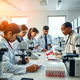 A group of diverse, professional doctors in a modern laboratory setting, carefully analyzing blood samples