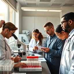 A group of diverse, professional doctors in a modern laboratory setting, carefully analyzing blood samples