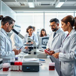 A group of diverse, professional doctors in a modern laboratory setting, carefully analyzing blood samples