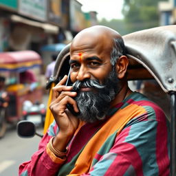 A Tamil uncle with a beard, featuring a bald head on the top, is engaged in a phone call while leaning against an auto rickshaw for support
